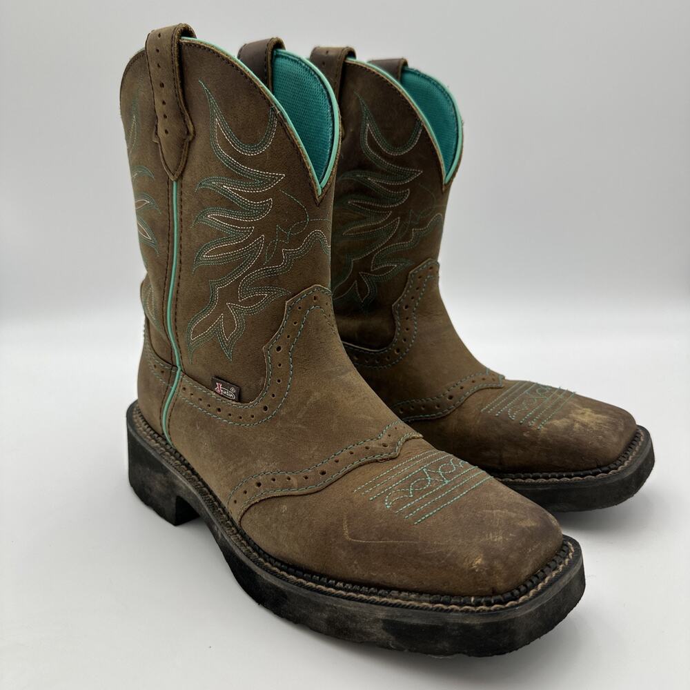 Justin Gypsy Mandra Chocolate Teal Square Toe Western Boots GY9624 Women’s 10B